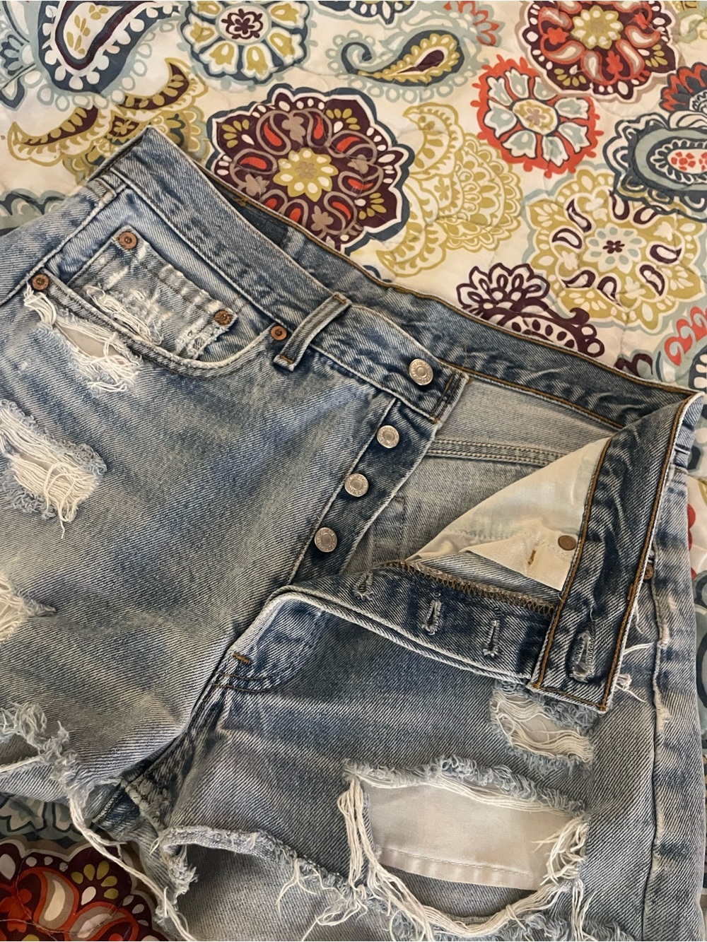 Levi's Light Blue High-Waist Distressed Denim Shorts